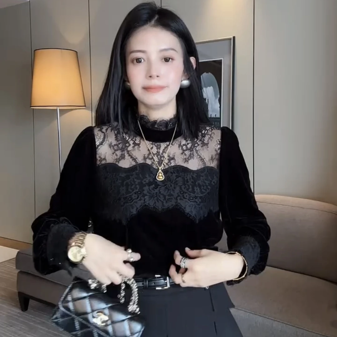 米半高领蕾丝拼接T恤加秋冬黑色气质百搭内搭重工显瘦