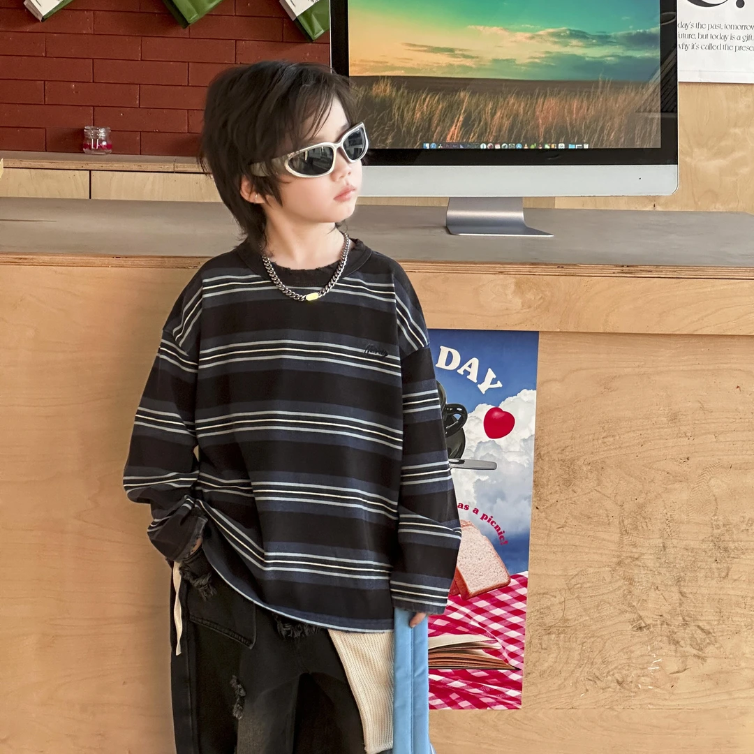 罗大叔2024年秋季新款儿童T恤男童中小童长袖条纹时尚百搭韩版宽