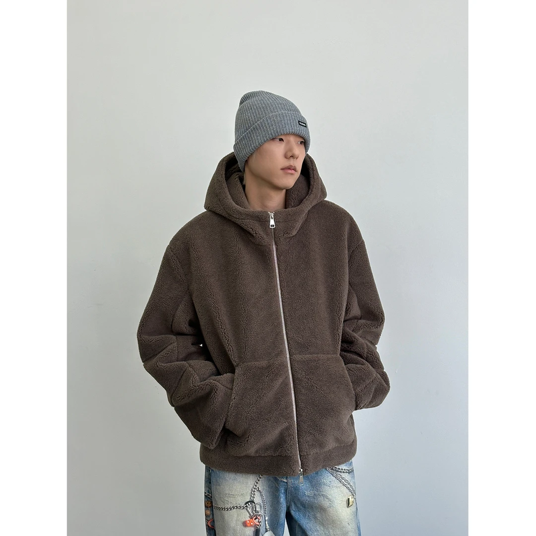 Faxims Store 美式秋冬摇粒绒短款拉链连帽外套宽松开衫上衣男