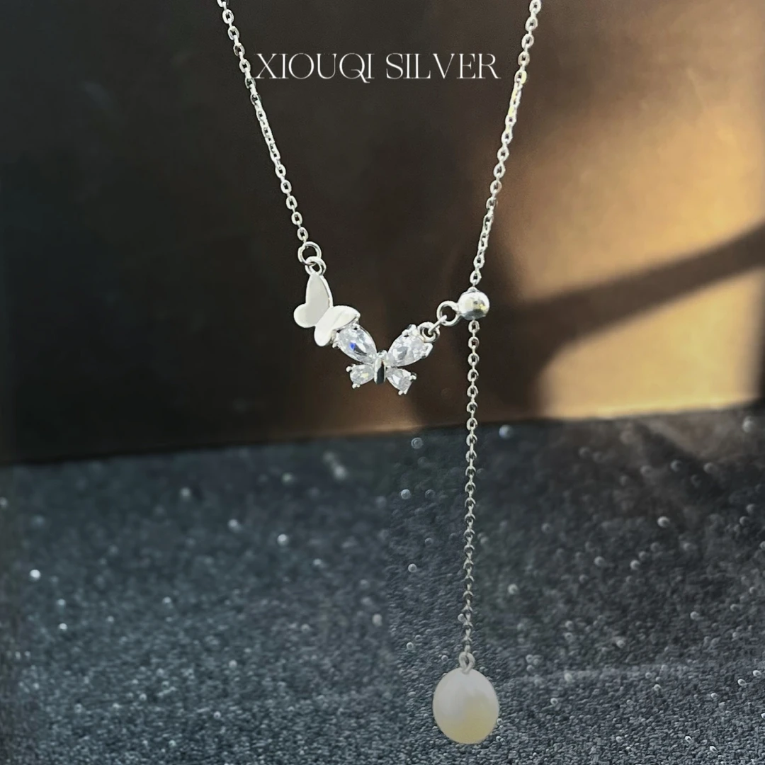 坠链均925银 原创蝴蝶流苏珠珠项链纯银轻奢气质可调节锁骨链仙气