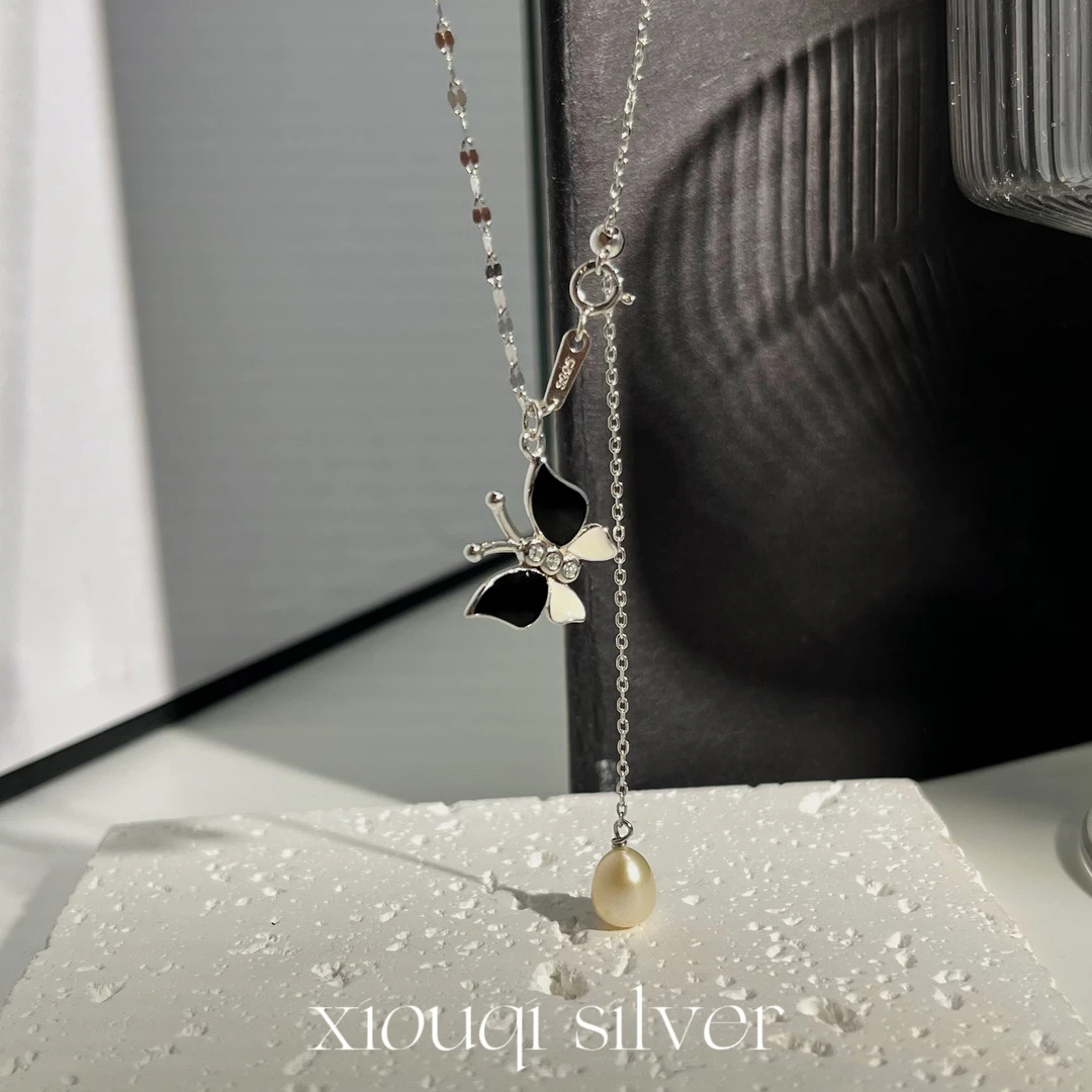 坠链均925银 纯银个性拼色蝴蝶项链抽拉调节小众轻奢锁骨链设计感