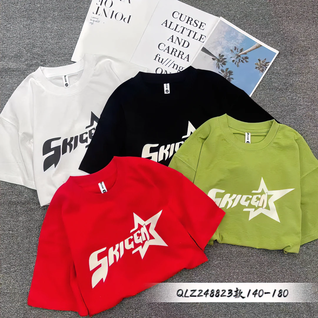 035 青少年纯棉宽松百搭半袖衣洋气 童装中大童 时尚休闲夏季圆领