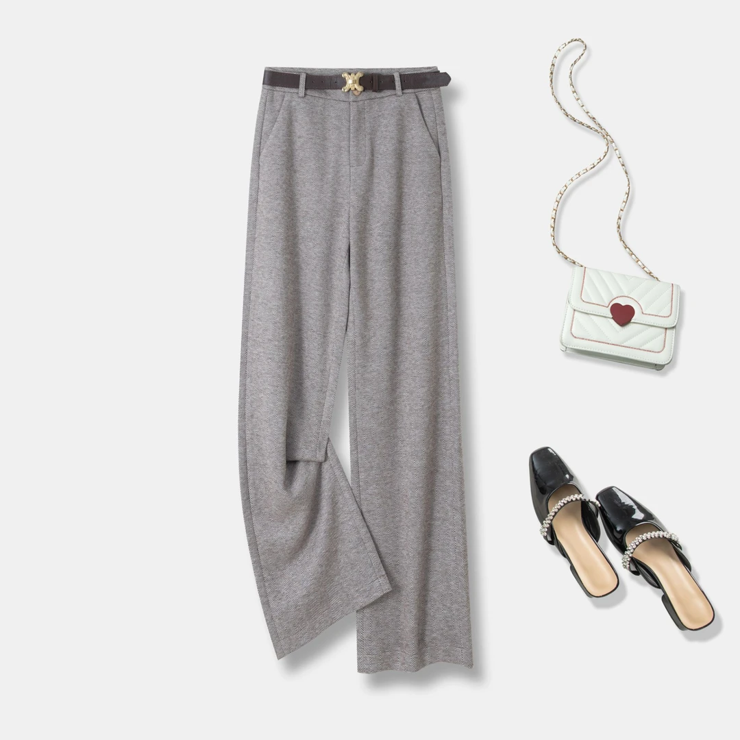 【人字纹羊毛呢】秋季新款高腰深档垂感条纹窄版阔腿直筒裤休闲裤女