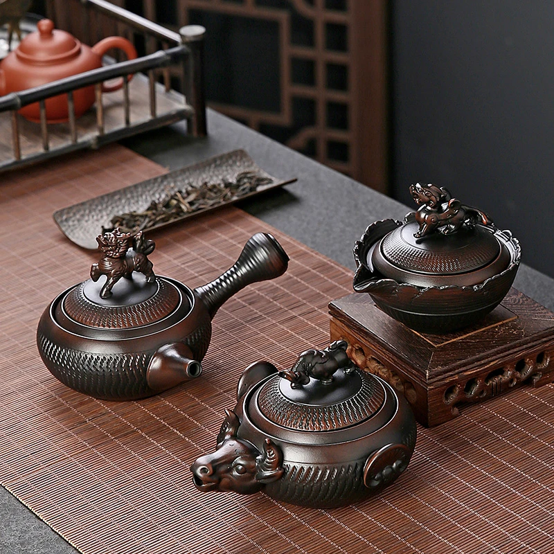 紫砂泡茶壶手抓壶牛转乾坤高档紫陶复古手工泡茶壶茶具茶壶可旋转