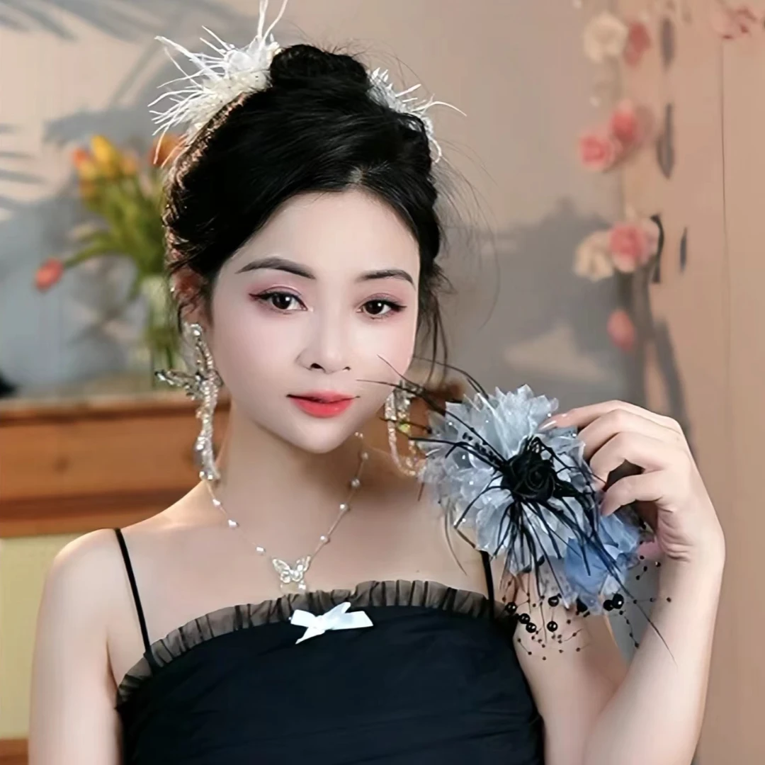 韩式定制网红气质薄纱玫瑰羽毛流苏抓夹高马尾全盘鲨鱼夹头饰发夹