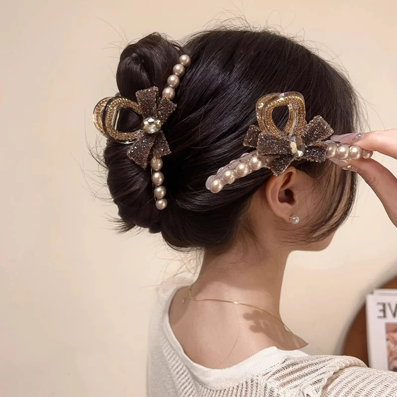 美拉德色系蝴蝶结大号抓夹 轻奢精致满钻韩系简约女优雅气质发卡