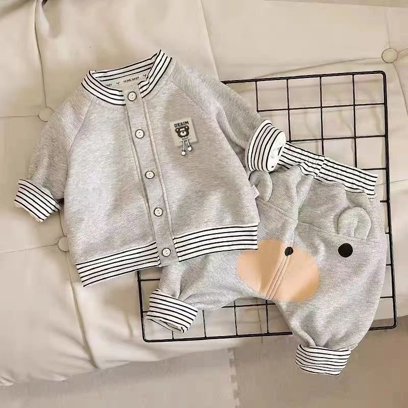 春秋男女宝宝套装婴儿孩卡通条纹高腰大PP屁屁裤子两件套外套小童