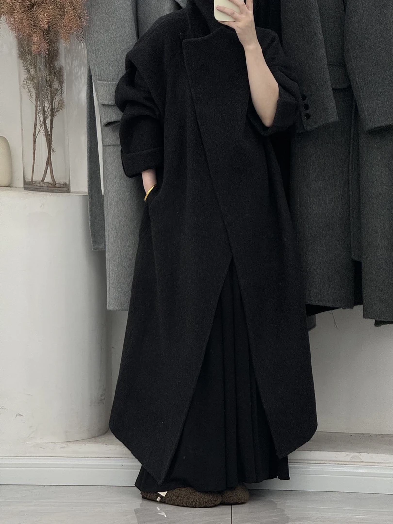 【满】 大翻领立领系带双面羊毛大衣外套