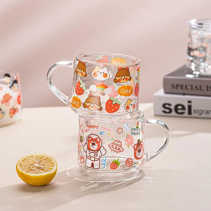 带盖高硼硅玻璃杯带刻度牛奶杯儿童早餐杯子家用水杯微波炉可加热