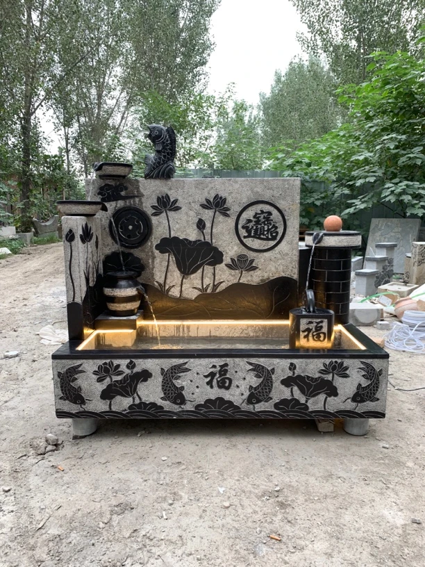 石雕流水摆件青石石盆流水景观组合石材假山水幕墙石头鱼缸水系