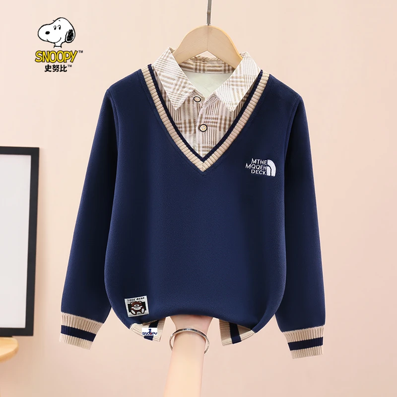 史努比男童假两件卫衣加绒秋冬新款中大童一体绒打底衫男孩保暖衣