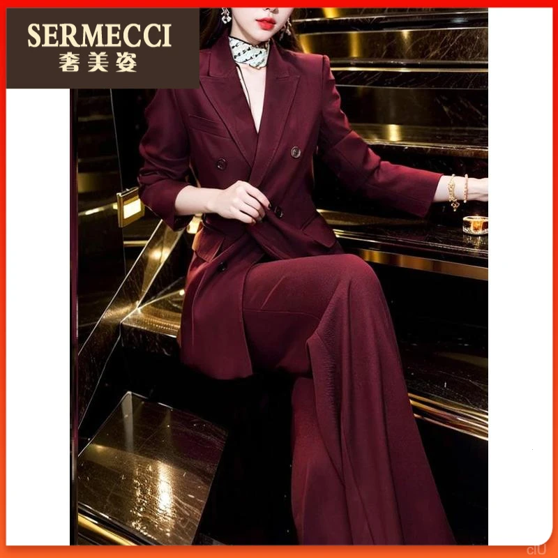 秋冬女装西装通勤新款阔腿裤红色两件套2025年安哥拉套装穿搭时尚