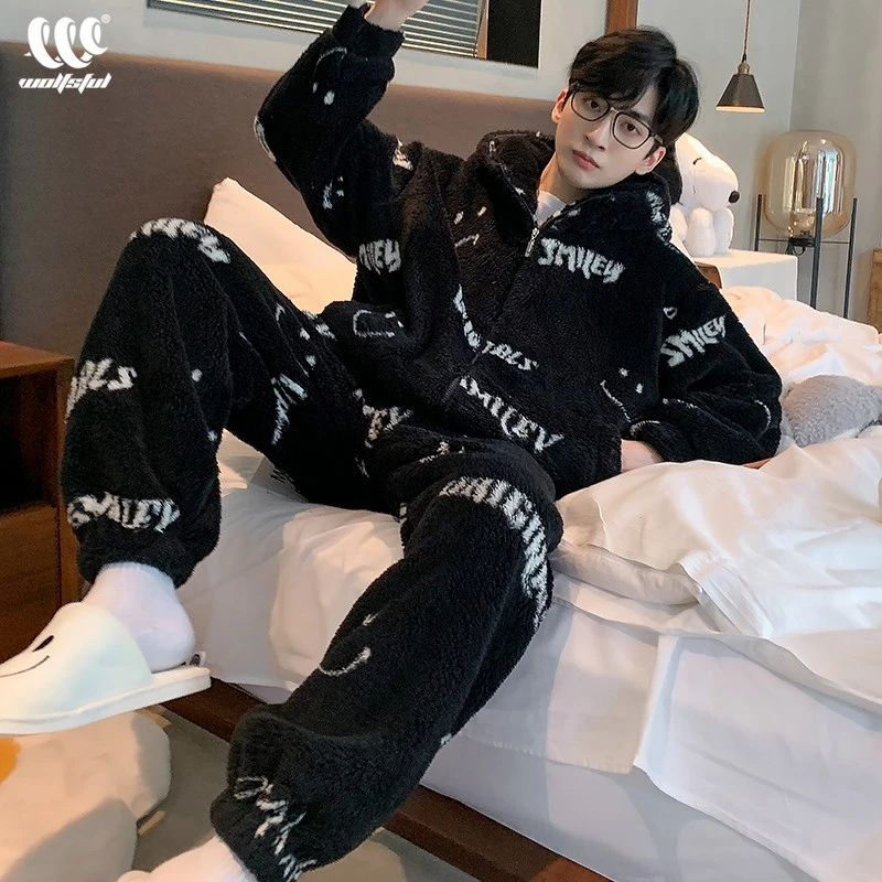 男士睡衣秋冬款加厚珊瑚绒青少年可爱保暖拉链连帽运动家居服套装