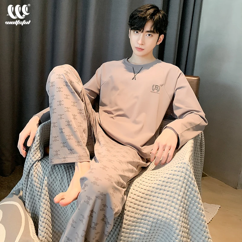 睡衣男士春秋季纯棉长袖青少年套头男款高级感全棉大码家居服套装