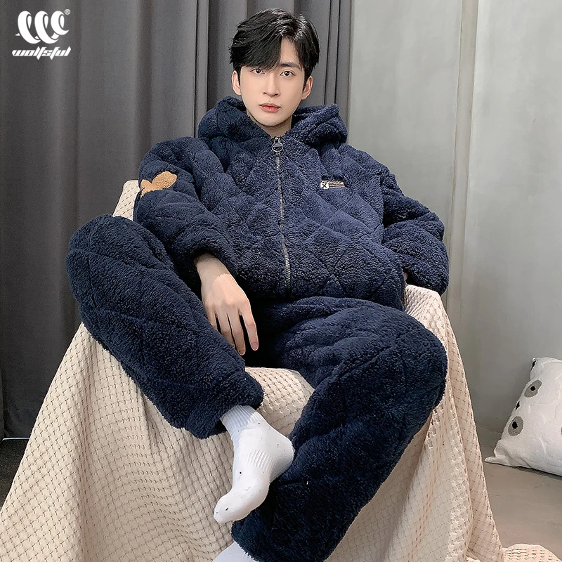 睡衣男士冬季珊瑚绒三层夹棉加厚加绒保暖青少年可外穿家居服套装