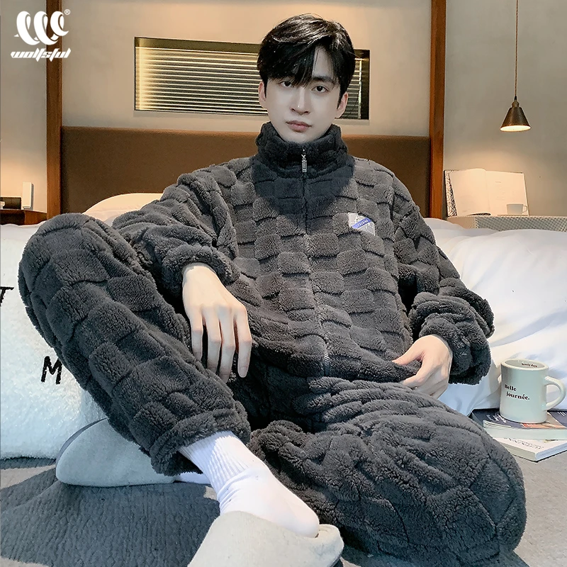 睡衣男冬季款加厚加绒珊瑚绒2022新款男士青少年可外穿家居服套装