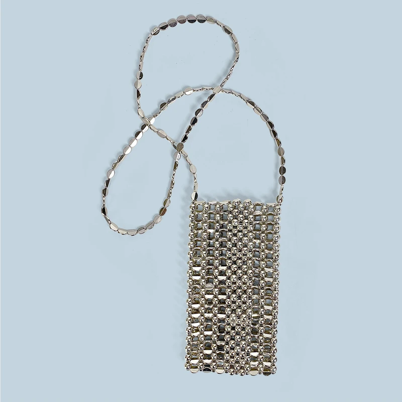 爆款新品手工银色扁珠编织链条个性手机零钱包斜挎迷你设计单肩包