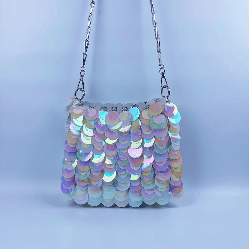 闪亮不灵炫彩高质感手工编织鱼鳞亮片珠片包链条单肩斜挎两用包包