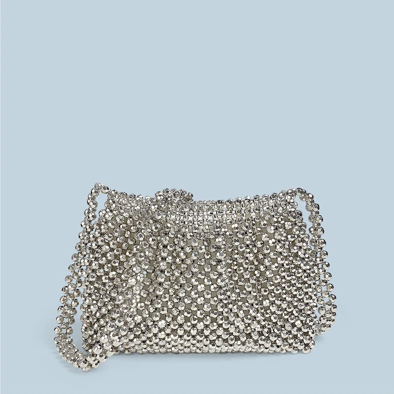 新款高级感复金属色手工编织金色银珠小方包链条斜挎包串珠手机包