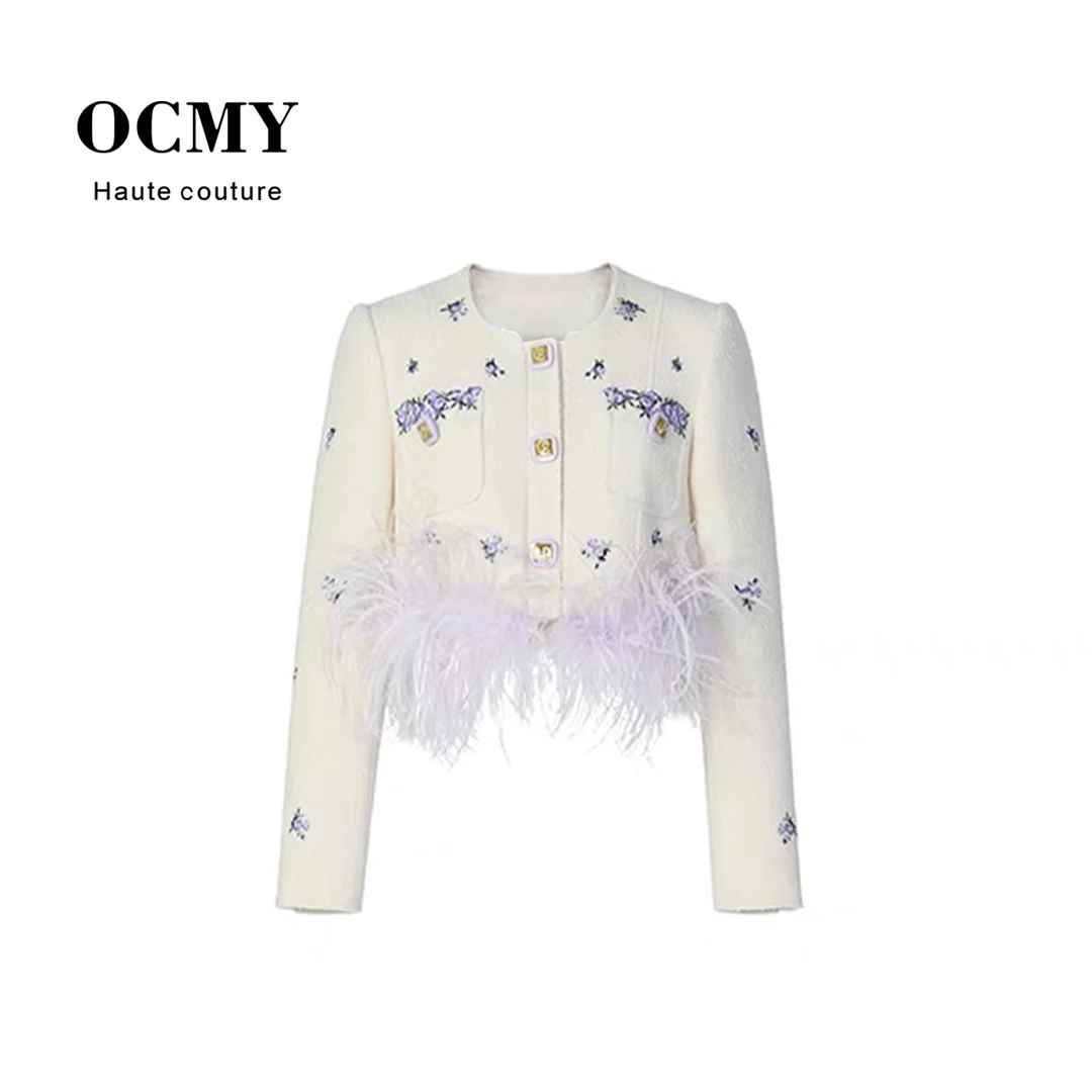 OCMY【品牌直营】新款新中式时尚毛毛刺绣修身短款套装Y24Q3658-1