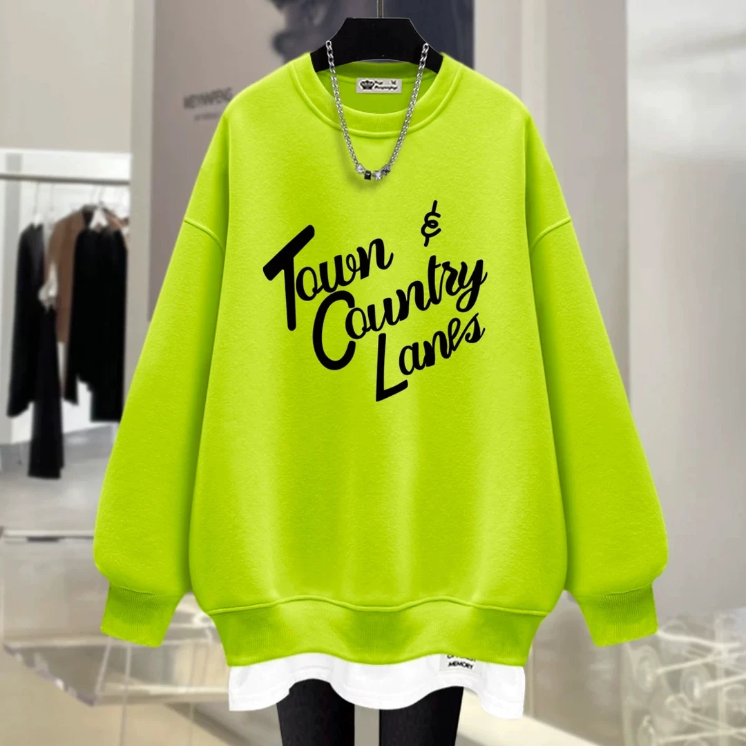 搭配鲨鱼裤荧光绿假两件卫衣女加绒2024春秋冬时尚字母中长款上衣