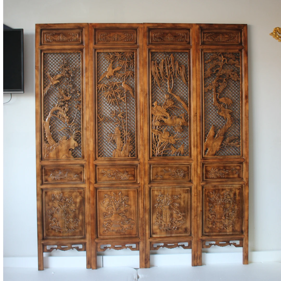 东阳木雕移动折叠屏风双面浮雕座屏香樟木客厅酒店办公室玄关隔断