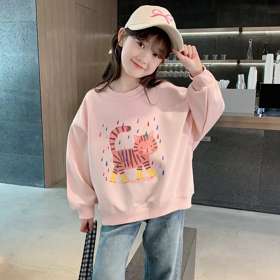 女童卫衣春秋款2024新儿童小猫印花自留套头打底衫中大童长袖上衣