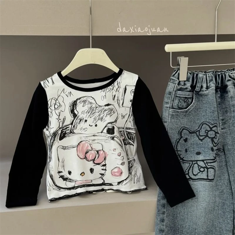 纯棉上衣童装2025秋季新款儿童卡通涂鸦T恤可爱小猫撞色女童长袖