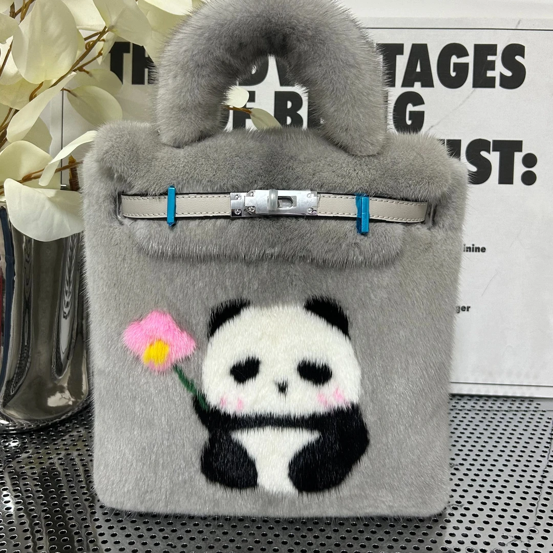 竖版双肩书包蓝宝石原色貂毛背包学生毛绒休闲斜跨包灰色手提包冬