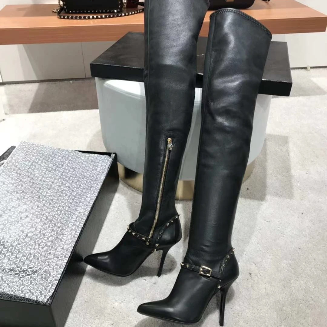 全新未使用  【国现】女士尖头黑色细跟长筒过膝靴 BOOTS