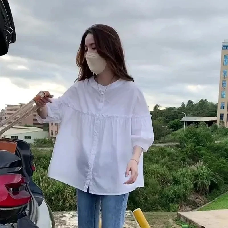 301-YX新款夏季洋气五分袖衬衫女宽松显瘦遮肉百搭减龄白色衬衣女