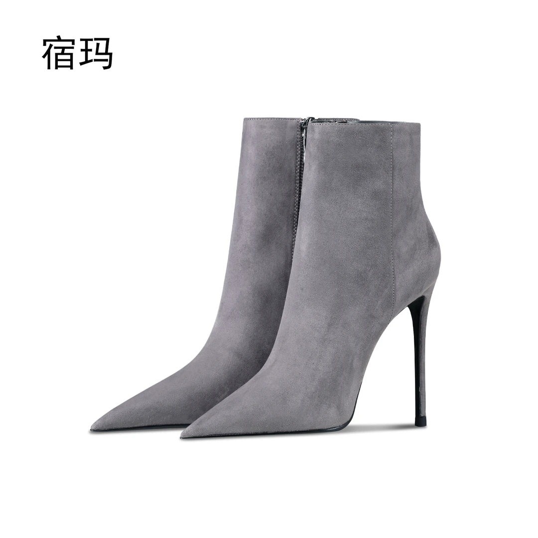 宿玛灰色绒面拉链短靴女2025年新款秋冬细跟尖头短筒性感磨砂单靴
