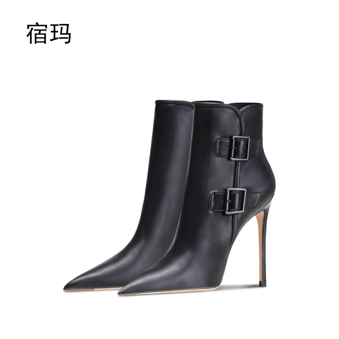 宿玛黑色拉链皮带扣短靴女2025年新款细跟瘦瘦靴短筒时装单靴秋冬