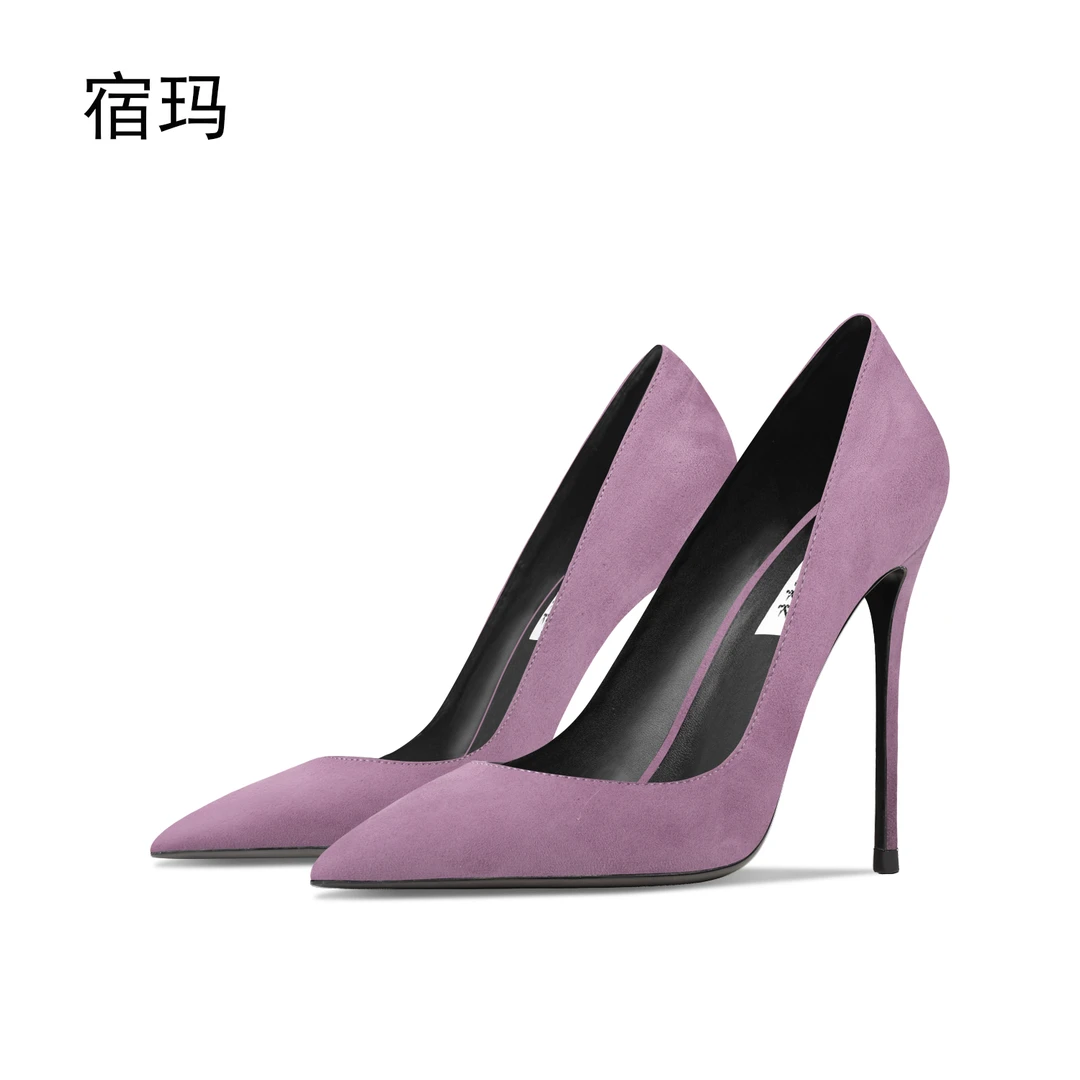 树莓粉绒面高跟鞋女2025年新款细跟尖头浅口性感气质百搭时尚单鞋