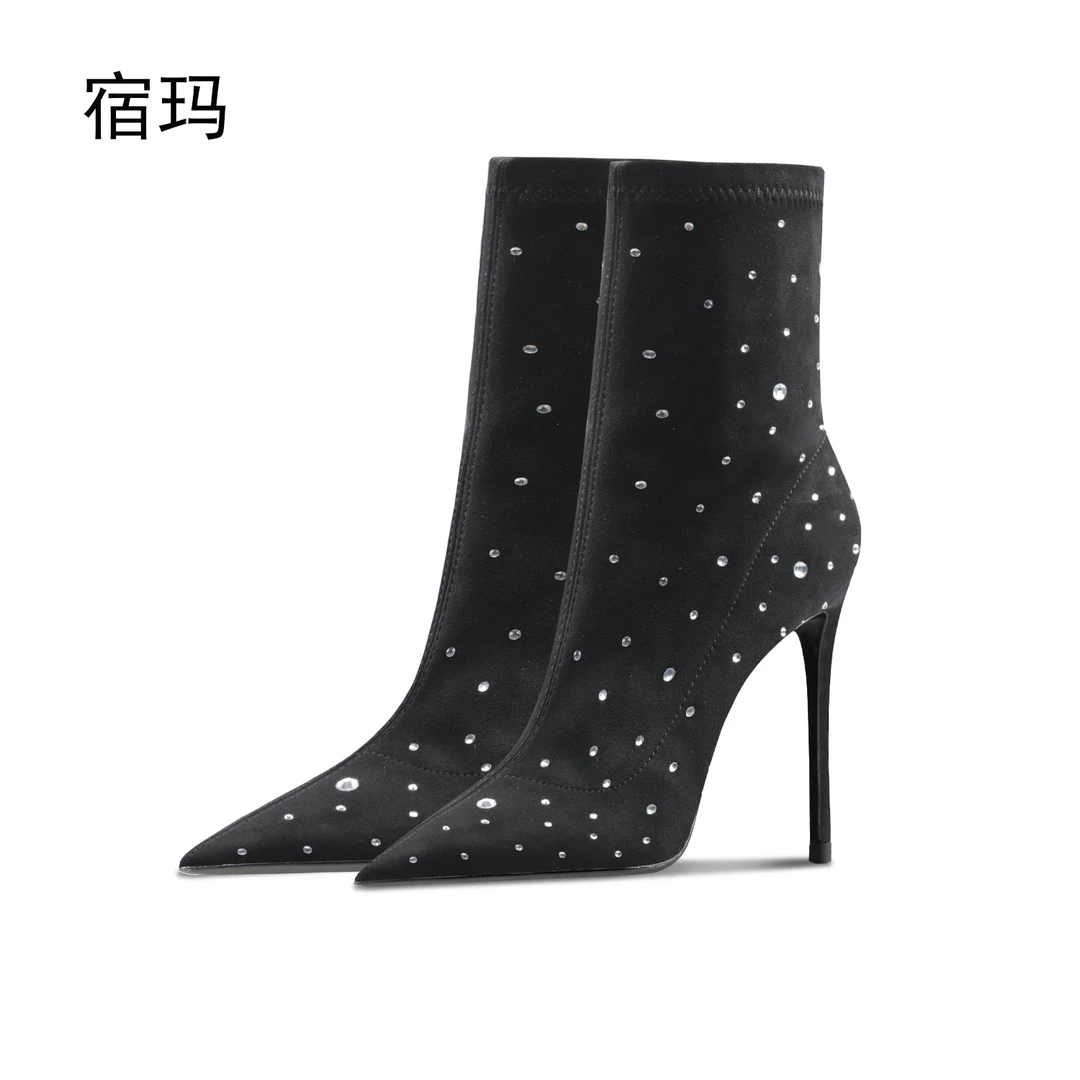 水钻高跟靴时装靴2025年秋冬尖头弹力靴黑色满钻显瘦瘦瘦靴中筒靴