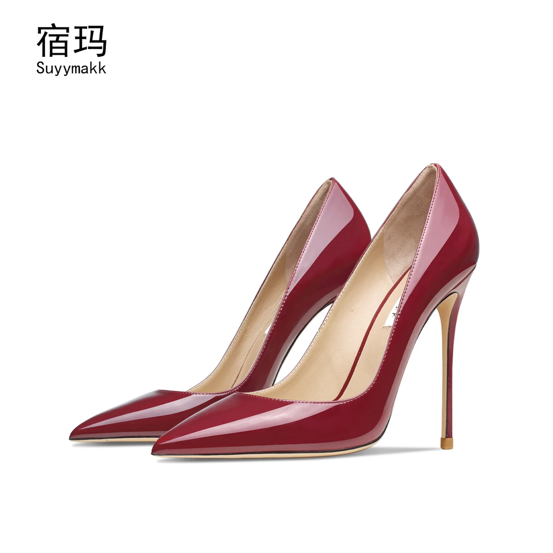 宿玛酒红色高跟鞋女2025年新款细跟尖头浅口漆皮性感小码单鞋