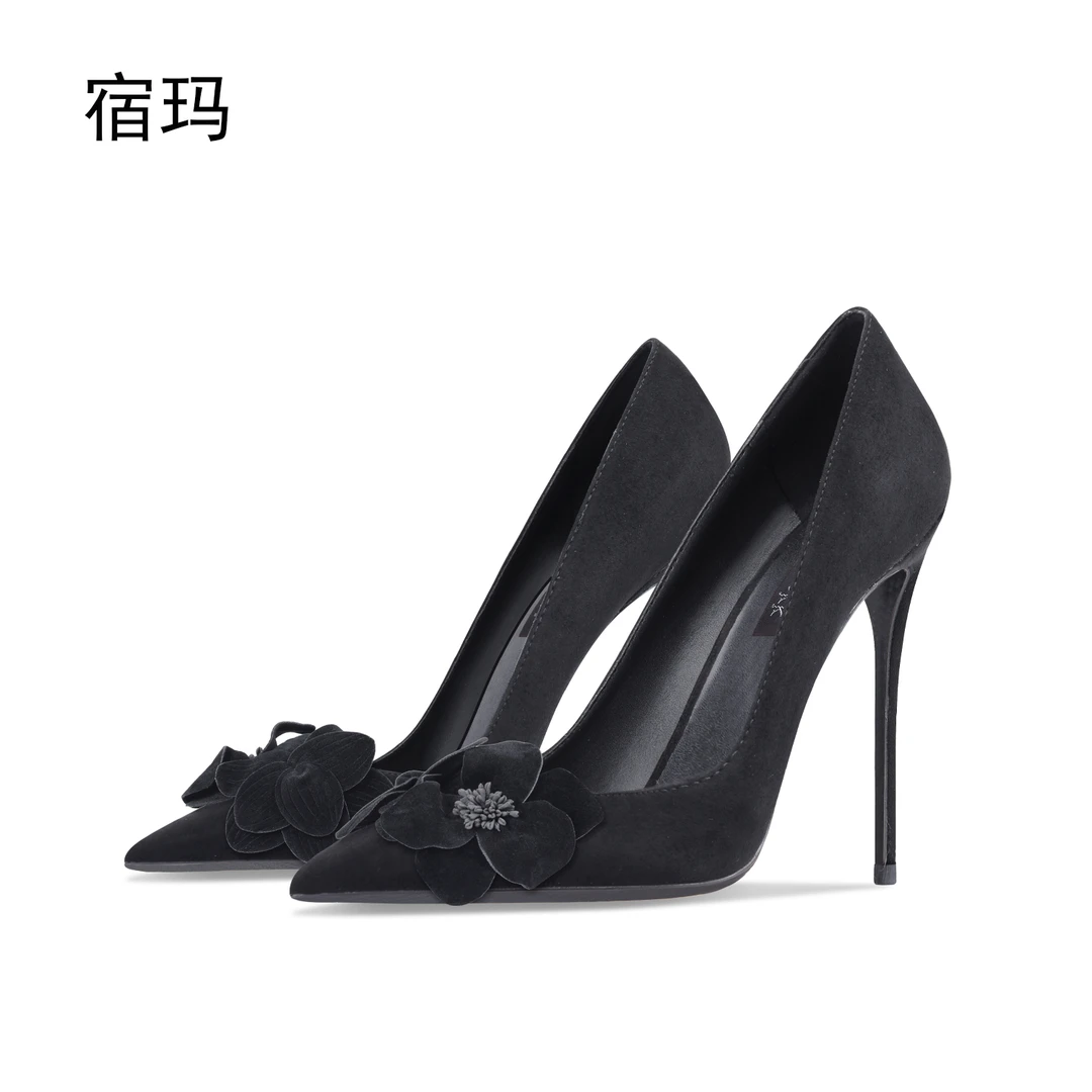 黑色绒面花朵高跟鞋女2025年新款尖头浅口细跟气质宴会仙女风单鞋