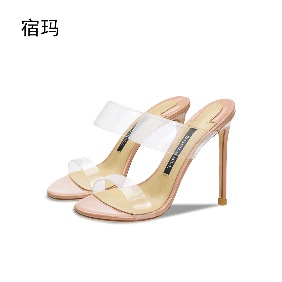 宿玛透明裸色凉鞋女细跟2025年新款夏外穿一字带拖鞋仙女风高跟鞋
