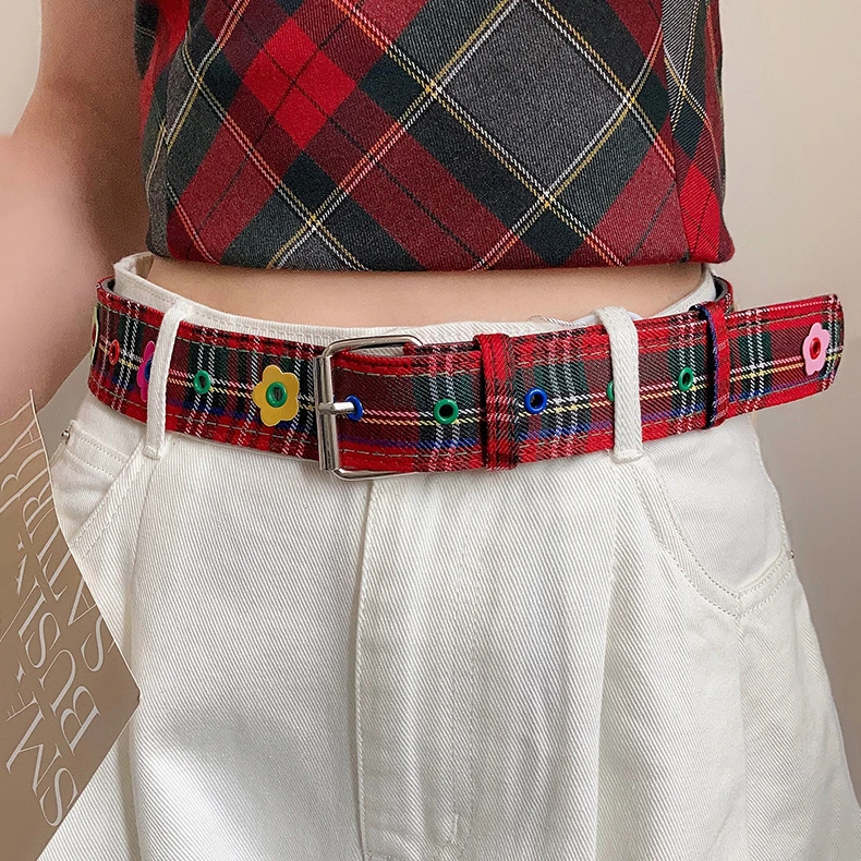 y2k多巴胺花红腰带女设计感夏季牛仔裤带甜酷辣妹百搭格纹皮带ins