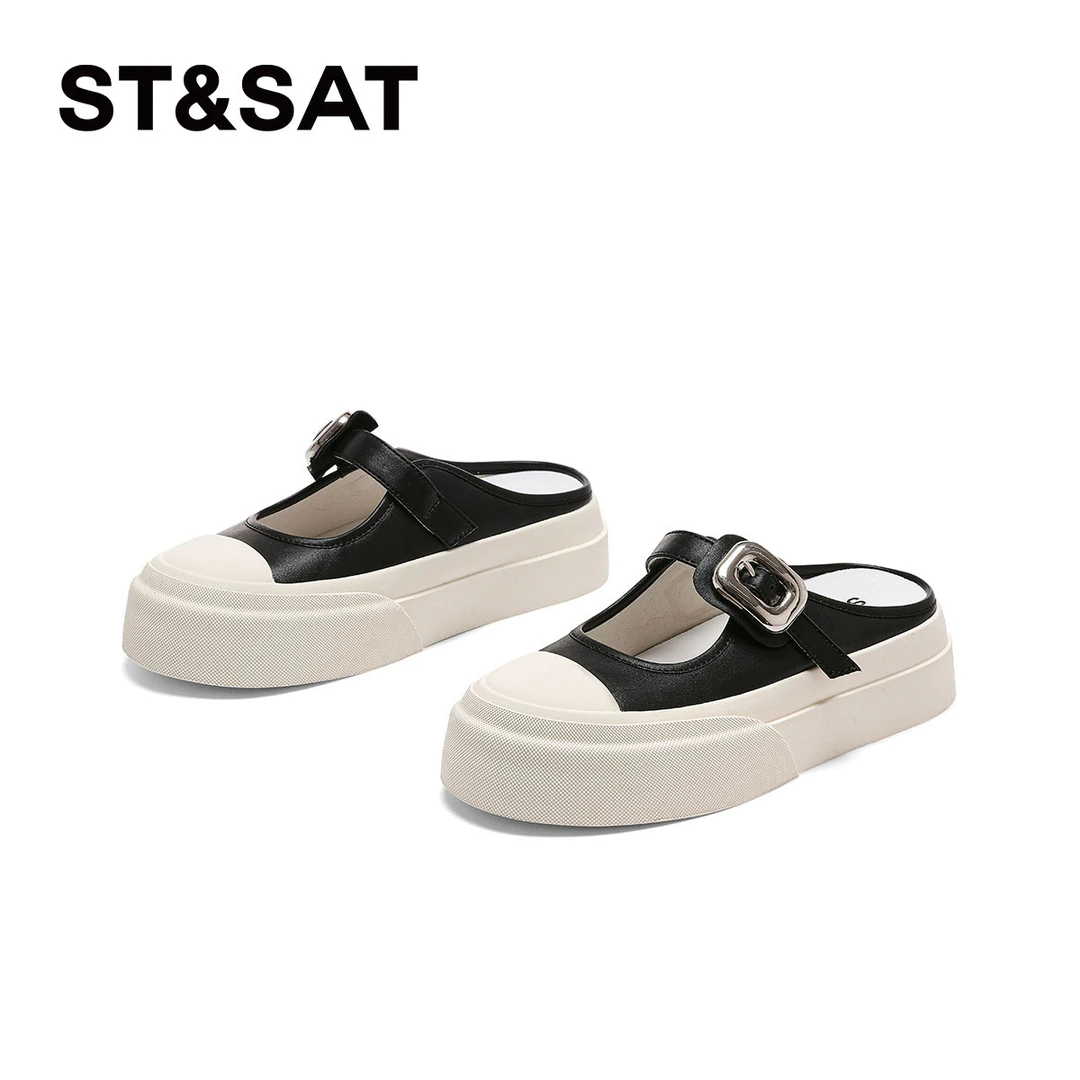 星期六女鞋2025新款夏季透气轻便包头半拖鞋圆头扣带时尚凉拖鞋女