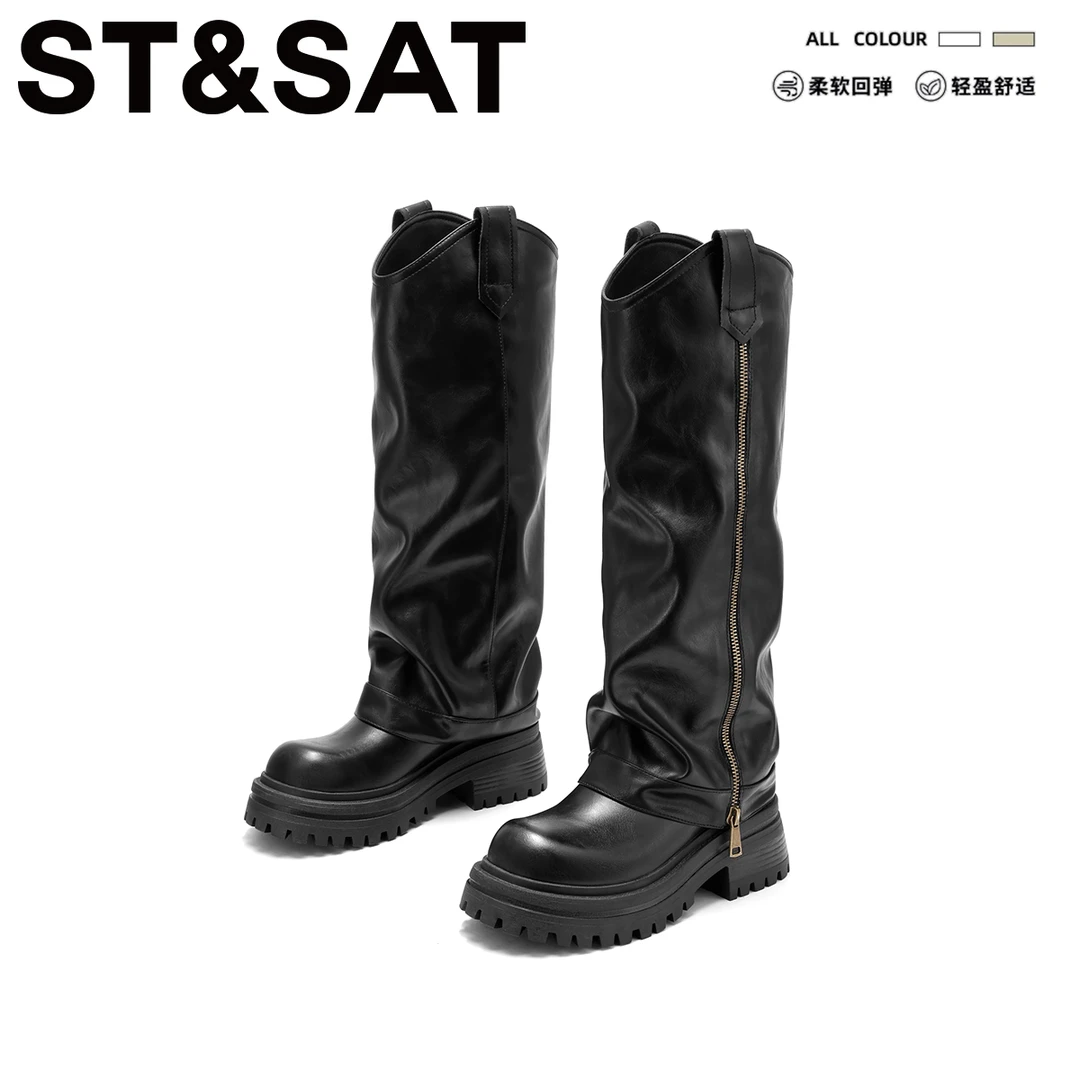 星期六英伦风裤管靴女靴2025年冬款百搭休闲堆堆靴厚底马丁靴长靴