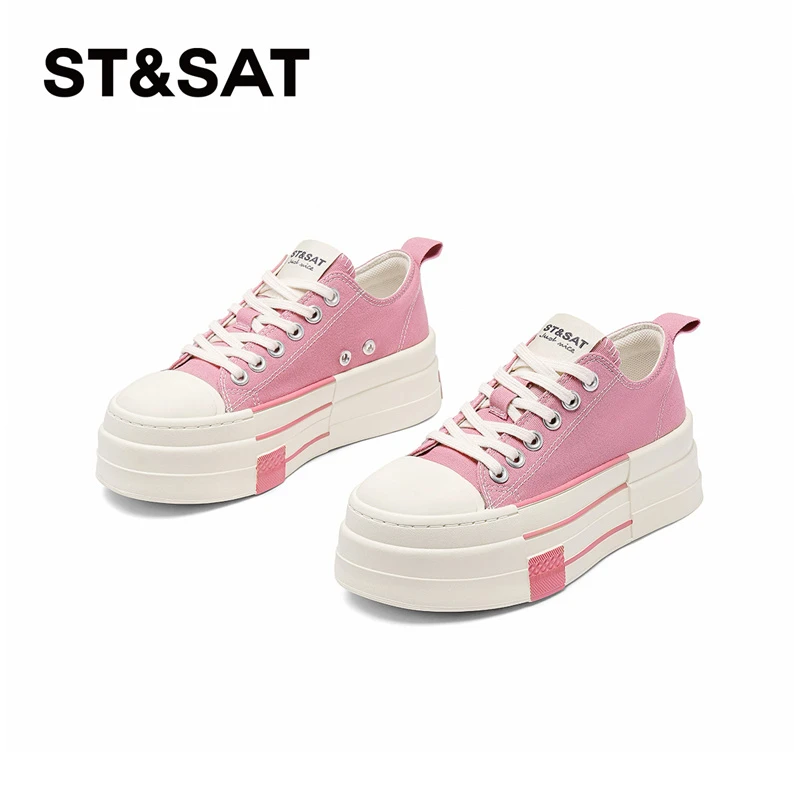 星期六新款春季厚底板鞋女时尚百搭潮流休闲帆布系带女士小白鞋子