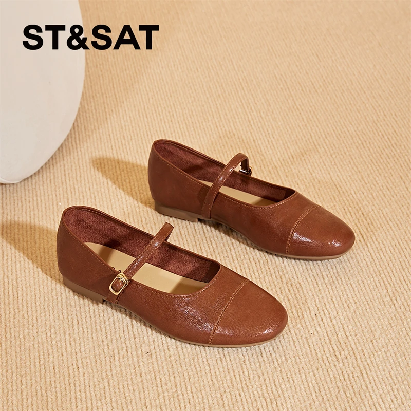 星期六法式方头浅口单鞋女2025冬季新款一字带复古平底玛丽珍鞋子