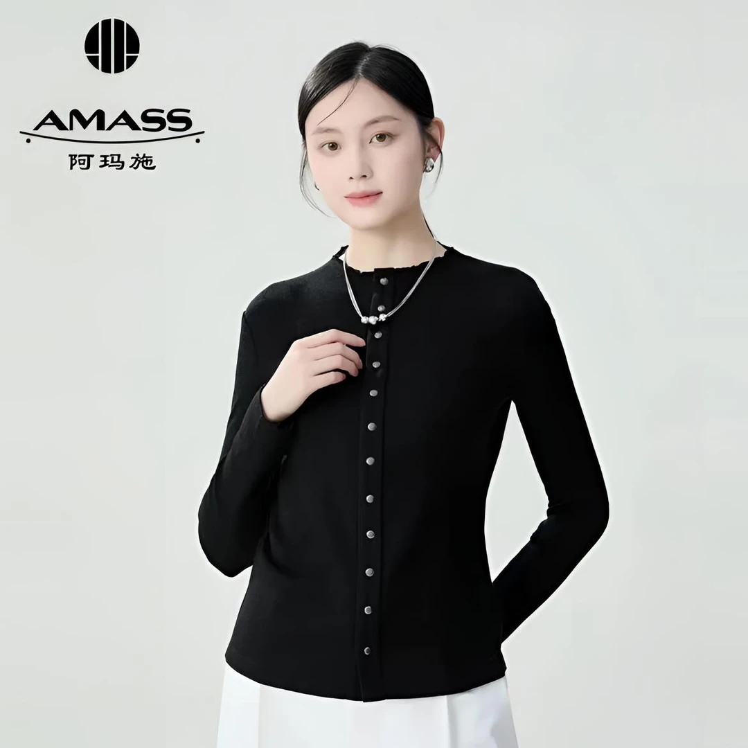 AMASS/阿玛施新款双面绵羊毛基础款小立领排扣纯色针织衫5301016