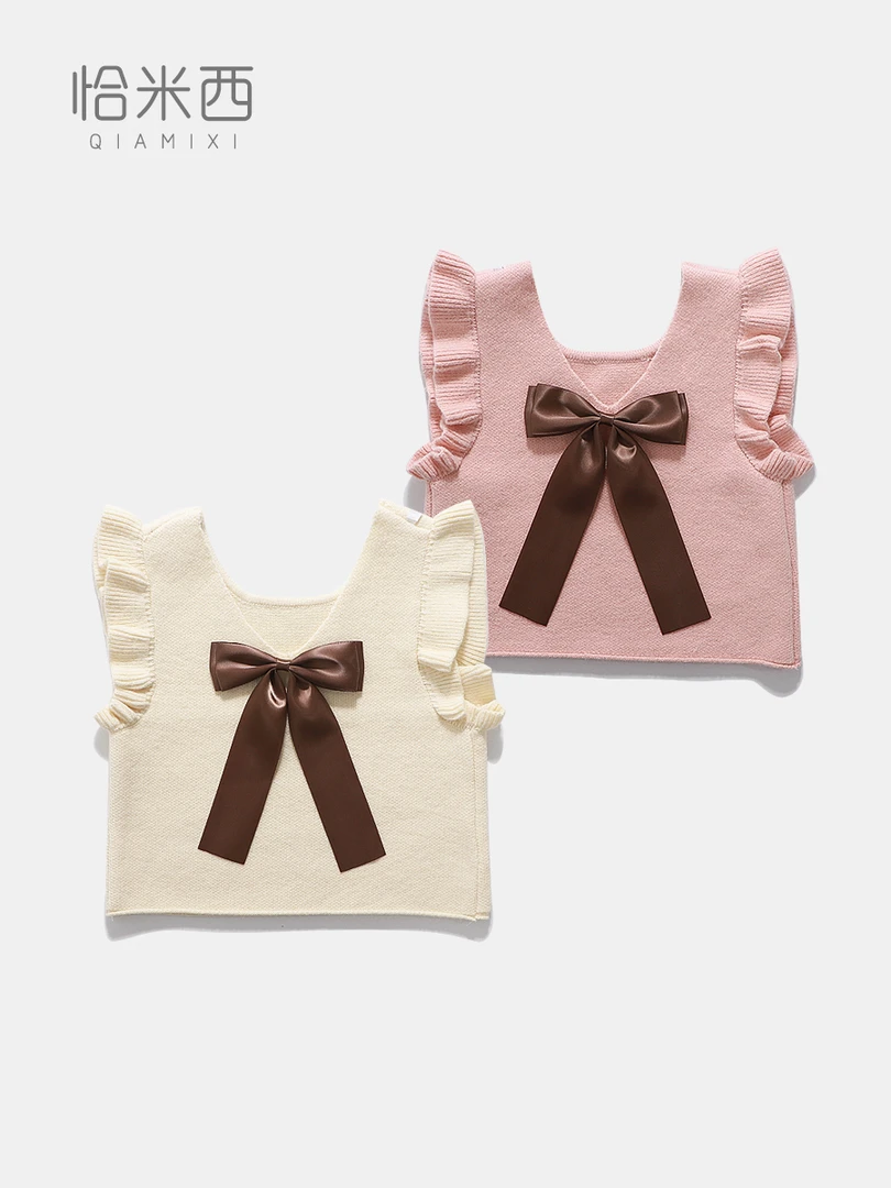 【断码清仓】2025春秋女童V领毛衣马甲女宝宝蝴蝶结小飞袖针织背心