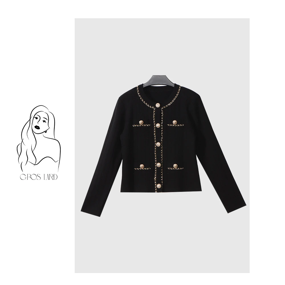 多肉宝贝小香风重工链条边金色扣针织衫开衫短款外套女FY1201