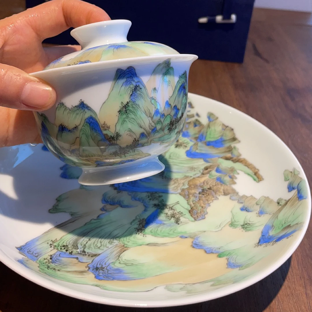 手绘千里江山图珐琅彩茶具