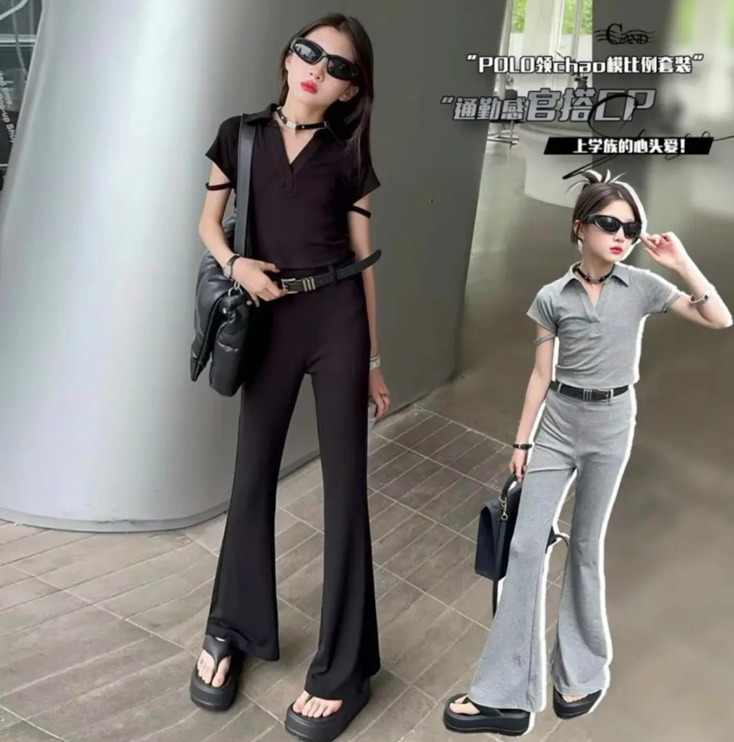 女童2024新款中大童翻领polo衫短袖套装喇叭裤两件套