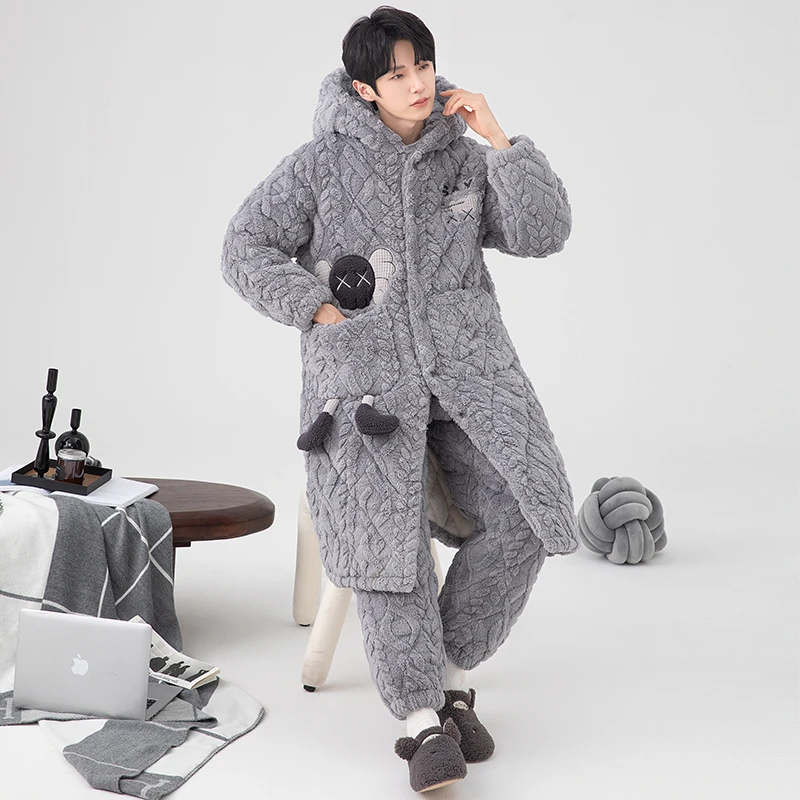三层夹棉加厚睡袍冬季男士睡衣加厚加绒秋冬款珊瑚绒家居服 7833