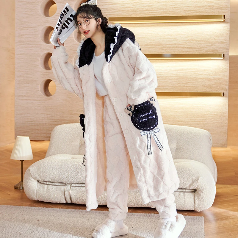 法兰绒睡袍女士秋冬季珊瑚绒睡衣女加厚保暖甜美家居服套装 2228